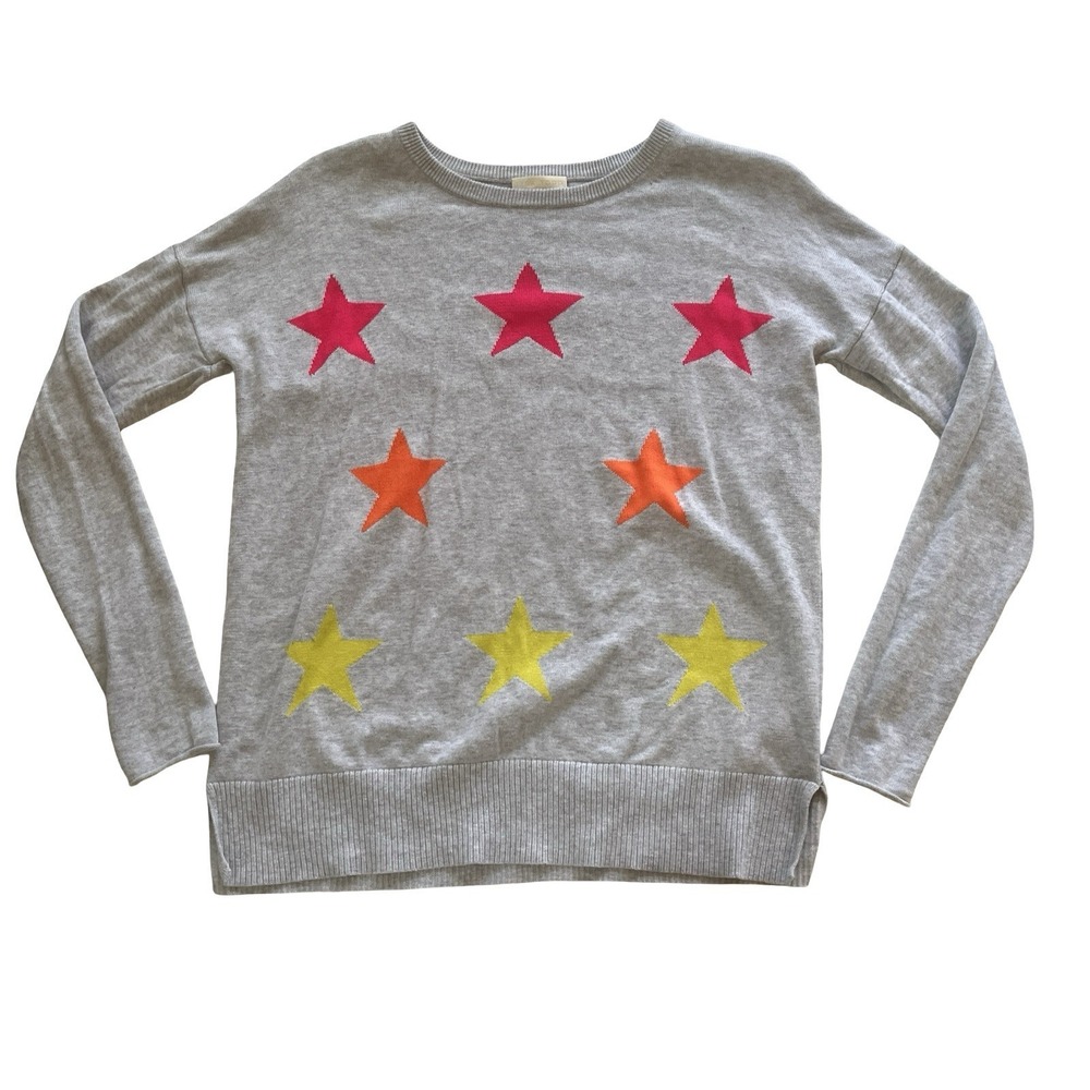 Lisa Todd Women's Size S Sweater Gray Round‎ Neck Stars Pink Orange 100% Cotton